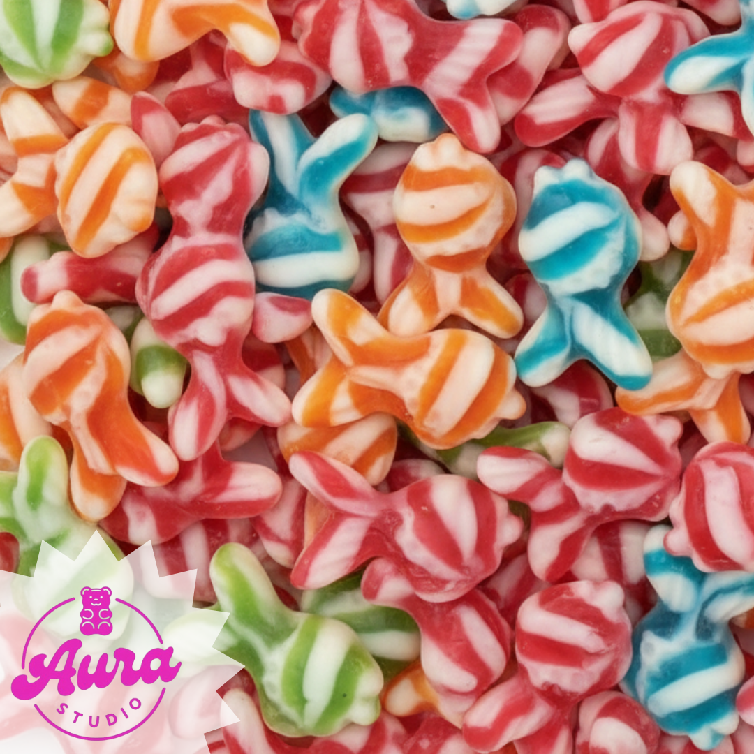 Braškių skonio žuvyčių formos guminukai be glitimo