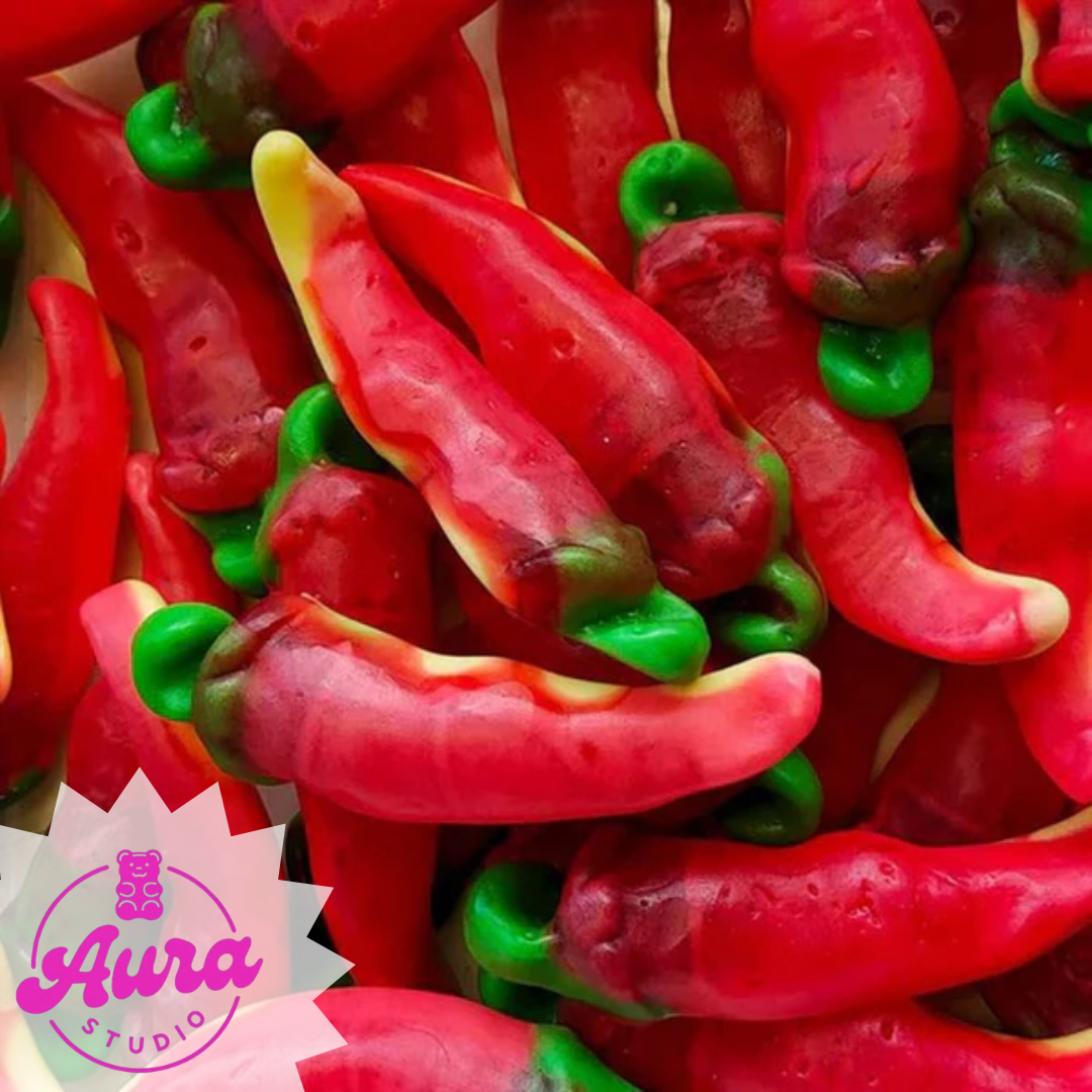 Paprikų formos aštrūs guminukai be glitimo